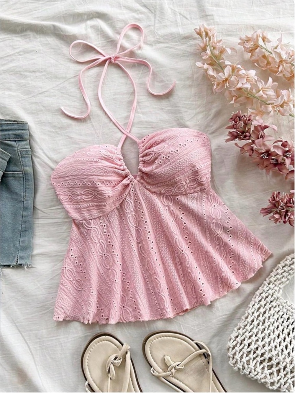 Pink Eyelet Halter Babydoll Top